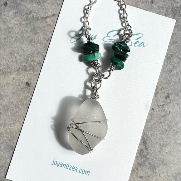 Seaglass + Malachite Crystal Chain Handmade Necklace - Picture 4 of 7